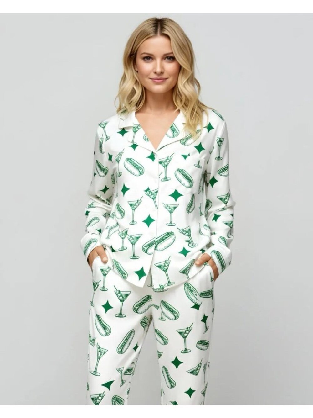 NWOT Novelty Pajamas Satin Hot Dog & Martinis Print Size L Sleepover Party
